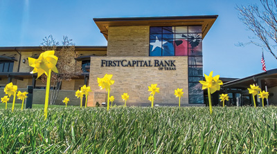 FirstCapital Bank of Texas display yellow pinwheels on the lawn of all of its Amarillo branches to show support for local healthcare workers.