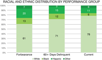 Racial and ethic distribution by performance group Source: Consumer Financial Protection Bureau, May 2021 Characteristicsof Mortgage Borrowers During the COVID-19 Pandemic Report