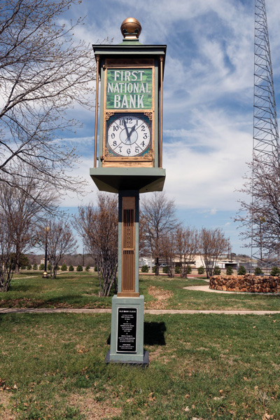 The bank clock that once stood outside the First National Bank in downtown Cisco. Photo courtesy of Library of Congress.