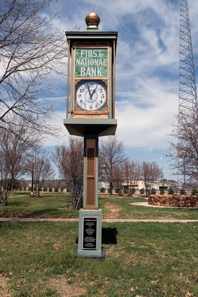 The bank clock that once stood outside the First National Bank in downtown Cisco. Photo courtesy of Library of Congress.