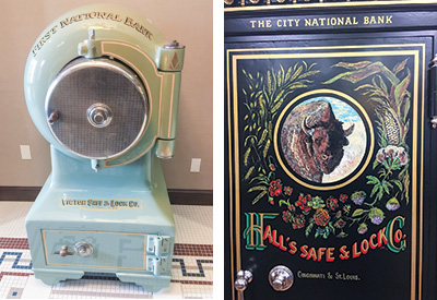 Left: Legend Bank’s cannonball safe. Photo by Zach Malone. Right: Safe door from The City National Bank of Bowie. Photo by Zach Malone.