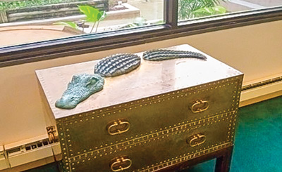 Alligator statue on display at bank