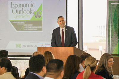 Chris Furlow speaks at the Greater Waco Chamber’s Economic Outlook Luncheon.