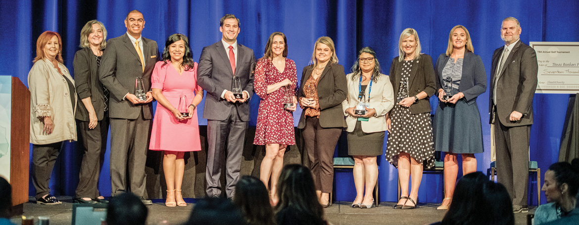 2023 Emerging Leader Award recipients, bookended by Norma Lane (far left), Jocelyn Carby (left) and Chris Furlow (far right): Joel Enriquez, Patty Fuentes, Sam Gunn, Megan Meche Henry, Tish Muniz, Laura Romero, Shannon Seay and Whitney Wells.